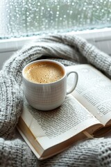 Wall Mural - A book is open on a table with a cup of coffee next to it