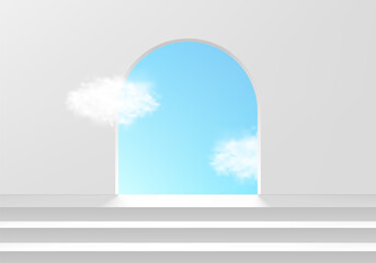 Wall Mural - 3D white stair product podium background with blue sky in arch gate. Abstract composition in minimalist design. Studio display showroom cosmetic product pedestal, Fashion stage showcase mockup scene.