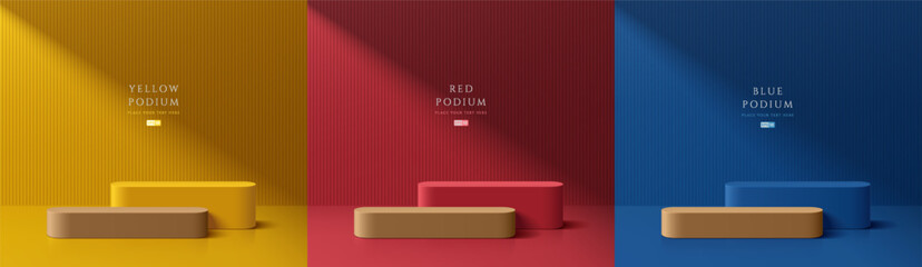 Set of 3D red, blue, yellow and brown wood round product podium background. Abstract composition in minimalist design. 3D studio display showroom product pedestal, Fashion stage showcase mockup scene.