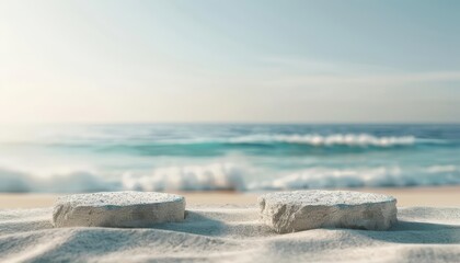 Two stone podiums on a sandy beach with the ocean in the background.