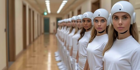 Group of young Robotic women in white medical uniform standing in row in hospital corridor