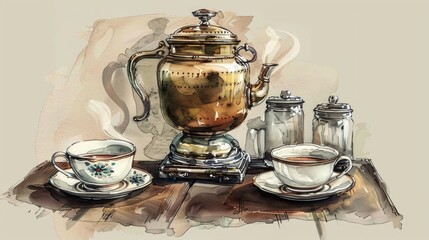 Wall Mural - Coffee Pot and Cups on Table