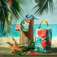 Poster - A summer product display on a wooden podium at a tropical beach, featuring a colorful beach towel, a snorkel set, and a beach bag. 