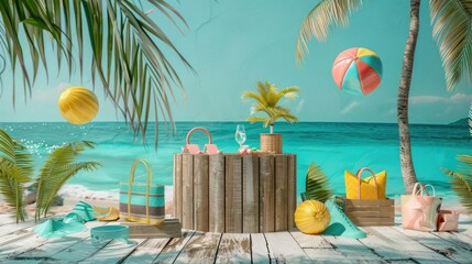 Poster - A wooden podium on a tropical beach, featuring a variety of summer products such as swimwear, a tote bag, and a beach ball. 