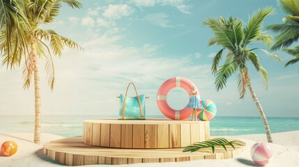 Poster - A wooden podium on a tropical beach, featuring a variety of summer products such as swimwear, a tote bag, and a beach ball.