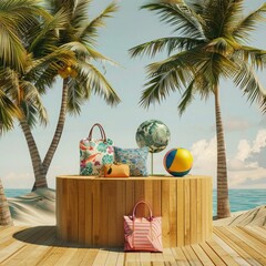 Poster - A wooden podium on a tropical beach, featuring a variety of summer products such as swimwear, a tote bag, and a beach ball. 