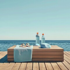 Poster - A display of summer products like flip-flops, a beach towel, and a water bottle on a wooden podium at the edge of the sea. 