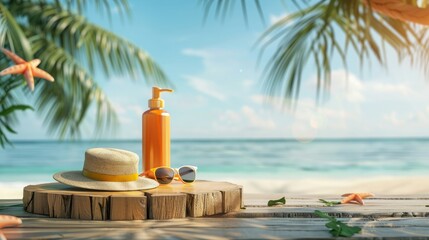Poster - A wooden podium showcasing summer products such as sunglasses, sunscreen, and a beach hat, set against a backdrop of a sunny tropical beach. 