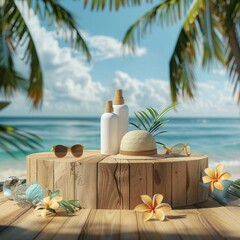 Poster - A wooden podium showcasing summer products such as sunglasses, sunscreen, and a beach hat, set against a backdrop of a sunny tropical beach. 