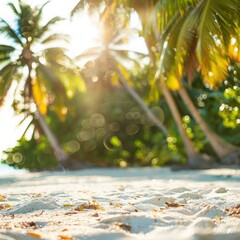 Poster - A beautiful tropical beach with pristine white sand, lush palm trees, and sunlight creating a soft bokeh effect.