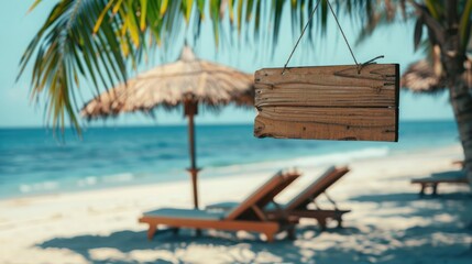 Poster - An empty wooden signboard hanging from a palm tree on a tropical beach, with a beach umbrella and lounge chairs nearby.