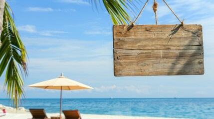 Poster - An empty wooden signboard hanging from a palm tree on a tropical beach, with a beach umbrella and lounge chairs nearby.
