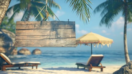 Poster - An empty wooden signboard hanging from a palm tree on a tropical beach, with a beach umbrella and lounge chairs nearby. 