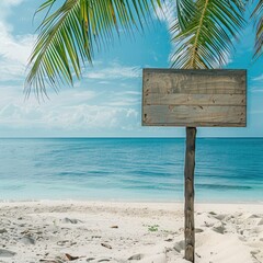 Poster - A simple wooden signboard on a palm tree on a white sandy beach, with a clear horizon line and calm ocean waters. 