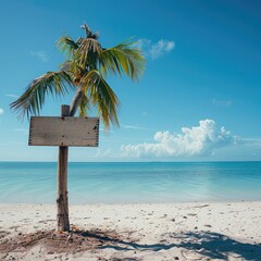 Poster - A simple wooden signboard on a palm tree on a white sandy beach, with a clear horizon line and calm ocean waters. 
