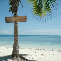 Poster - A simple wooden signboard on a palm tree on a white sandy beach, with a clear horizon line and calm ocean waters. 