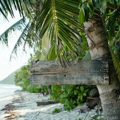 Poster - A weathered wooden signboard suspended from a palm tree on a tropical beach, with a lush, green jungle in the background.