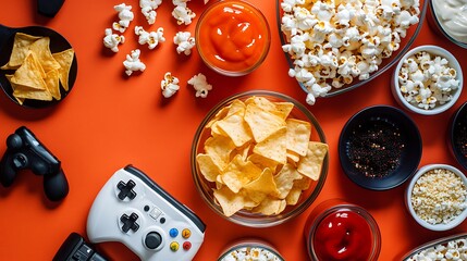 Wall Mural - Weekend at home leisure lifestyle concept set of snacks in glass bowls chips popcorn ketchup remote controllers and joysticks for games on the orange background top view close up