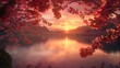 © idealxone - Sunset over the lake with pink cherry blossoms in full bloom