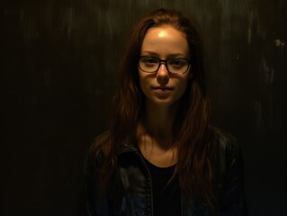 young woman with glasses and dark hair in a dimly lit environment