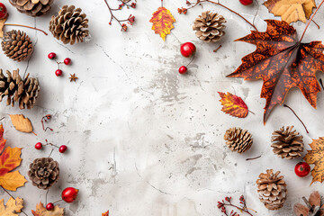 Sticker - Elegant autumn composition featuring pine cones, berries, and colorful leaves on a textured white background.