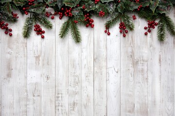 Sticker - festive christmas holiday background with pine branches and red berries