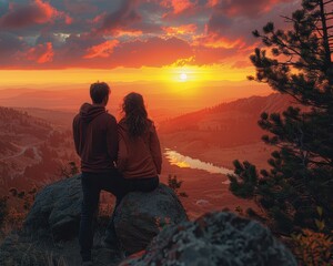 romantic sunset embrace: couple watching sunset over scenic landscape with 90mm f/4.0 lens