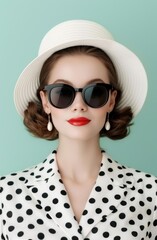 Wall Mural - stylish woman in polka dot dress and sunglasses