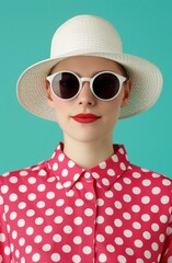 Poster - Retro fashion portrait of woman in polka dot dress and sunglasses