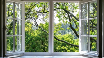 Poster - A view through an open window showing a lush green forest during daylight