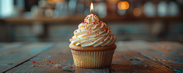 Wall Mural - Celebratory Birthday Cupcake with Lit Candle and Sprinkles on Rustic Wooden Table in Cozy Evening Setting