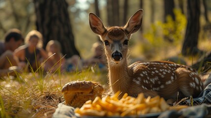 A charming family gathering interrupted by a curious deer, showcasing nature's beauty and wildlife interaction in a tranquil outdoor scene.