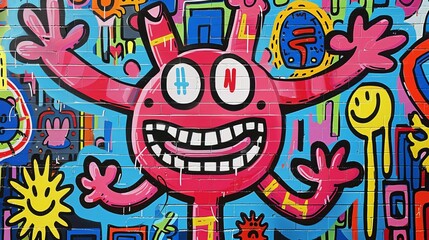colorful graffiti mural of smiling creature
