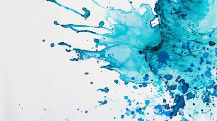 Poster - Craft a splash background with various shades of blue and turquoise paint splashes on a clean white background, evoking a refreshing and serene atmosphere.