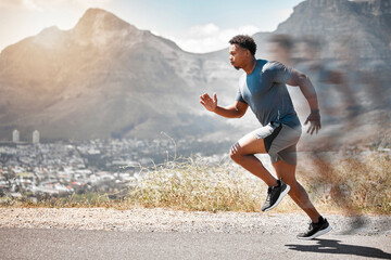 Poster - Motion, fitness and man running in road for endurance challenge, cardio workout or marathon. Timelapse, speed and African athlete in street for physical activity, performance or race in morning