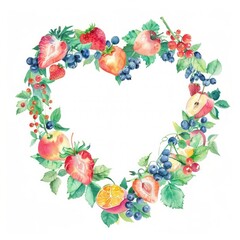 Sticker - Fruits salad border watercolor pattern wreath heart.