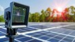 © Tapanut - Close-up of solar panel monitoring equipment with a beautiful sunrise in the background, representing renewable energy and sustainability.