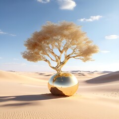 Sticker -  3d-render-surreal-landscape-golden-tree-and-grass-on-pastel-dune-desert-and-blue-sky-background