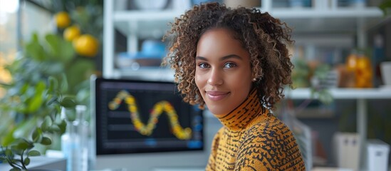 Canvas Print - Smiling Woman in a Yellow Sweater in Front of a Computer