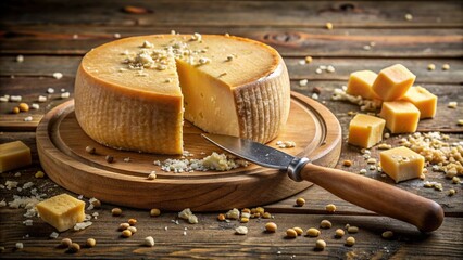 A rustic scene of a cheese wheel being cut with a traditional cheese knife, with crumbs and small pieces scattered around.