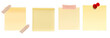 © tohceenilas - Set of four blank sticky notes with various tapes and a push pin suitable for reminders, messages, and office organization.