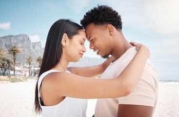 Canvas Print - Couple, travel and forehead touch at beach, hug and support for ocean bonding. People, romance and love for marriage on vacation at sea, profile and holiday embrace for trust on tropical weekend