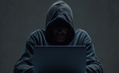 Hacker with laptop in the dark. Cyber security concept