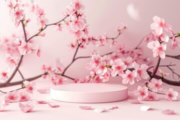 Wall Mural - Empty podium or pedestal for cosmetics product decorated with cherry blossom twigs. Spring cosmetic template - generative ai