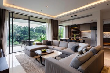 A sleek living room with a modern concept and stylish decor features a contemporary design characterized by clean lines, minimalistic elements, and a sophisticated color palette.