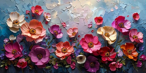 Poster - Bright colorful flowers on a blue background. View from above. Flat lay. Oil painting