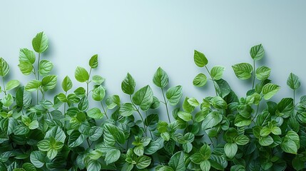 Wall Mural - Green Leaves on a Light Blue Background