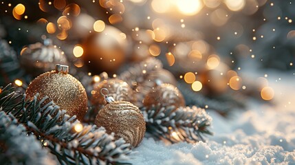 Poster - Sparkling Christmas Ornaments on a Snowy Branch