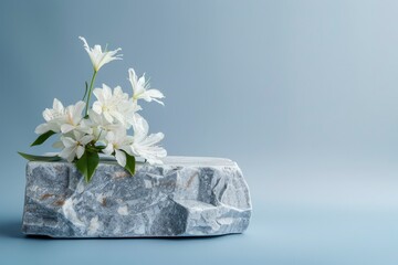 Flat granite pedestal and white flowers on blue background. Stone stand for natural design concept. Horizontal image, center composition, hard light, front view - generative ai