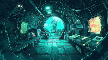 Futuristic Spaceship Interior with Cyan Lights